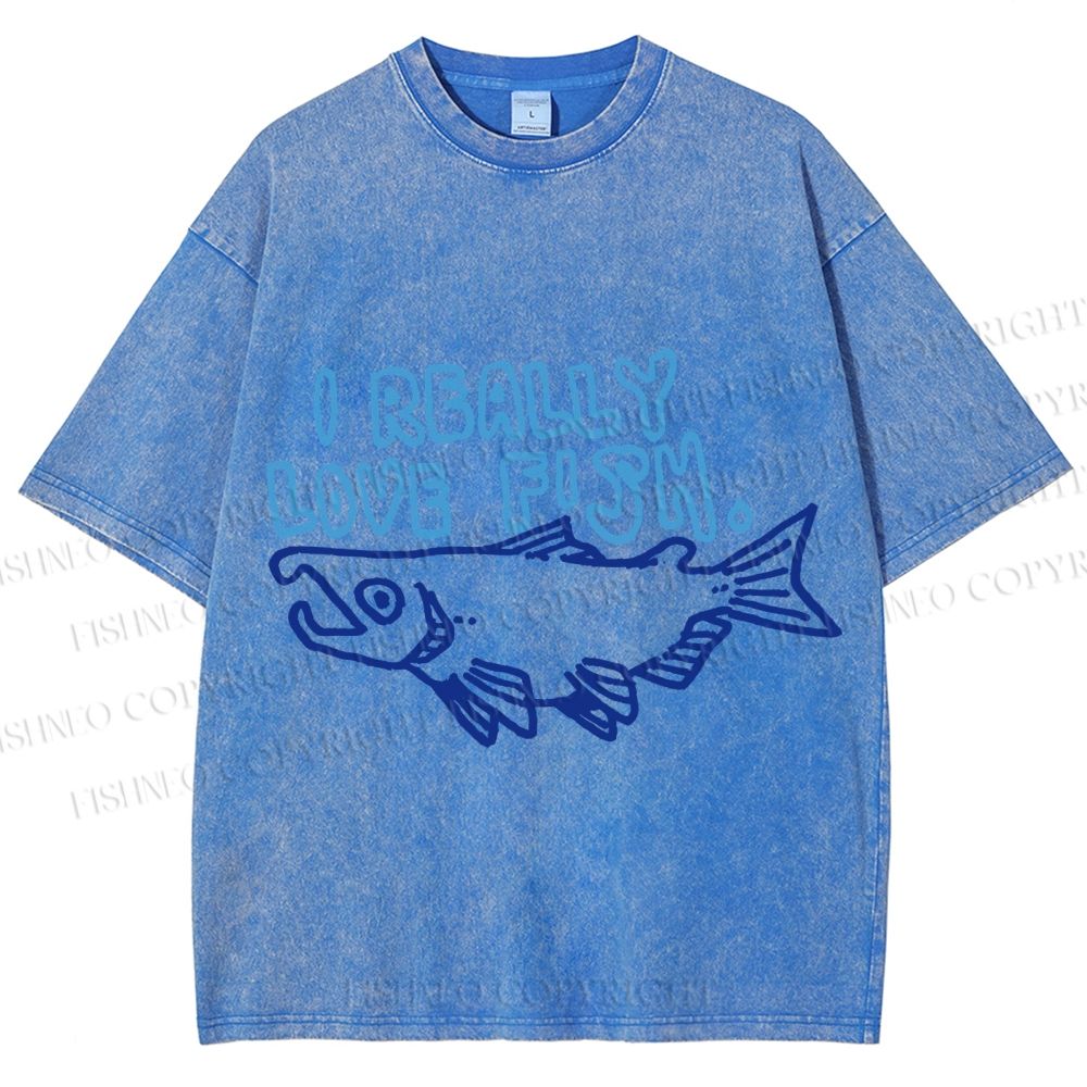 Unisex Vintage I Really Love Fish Sardine Printed Washed Tee