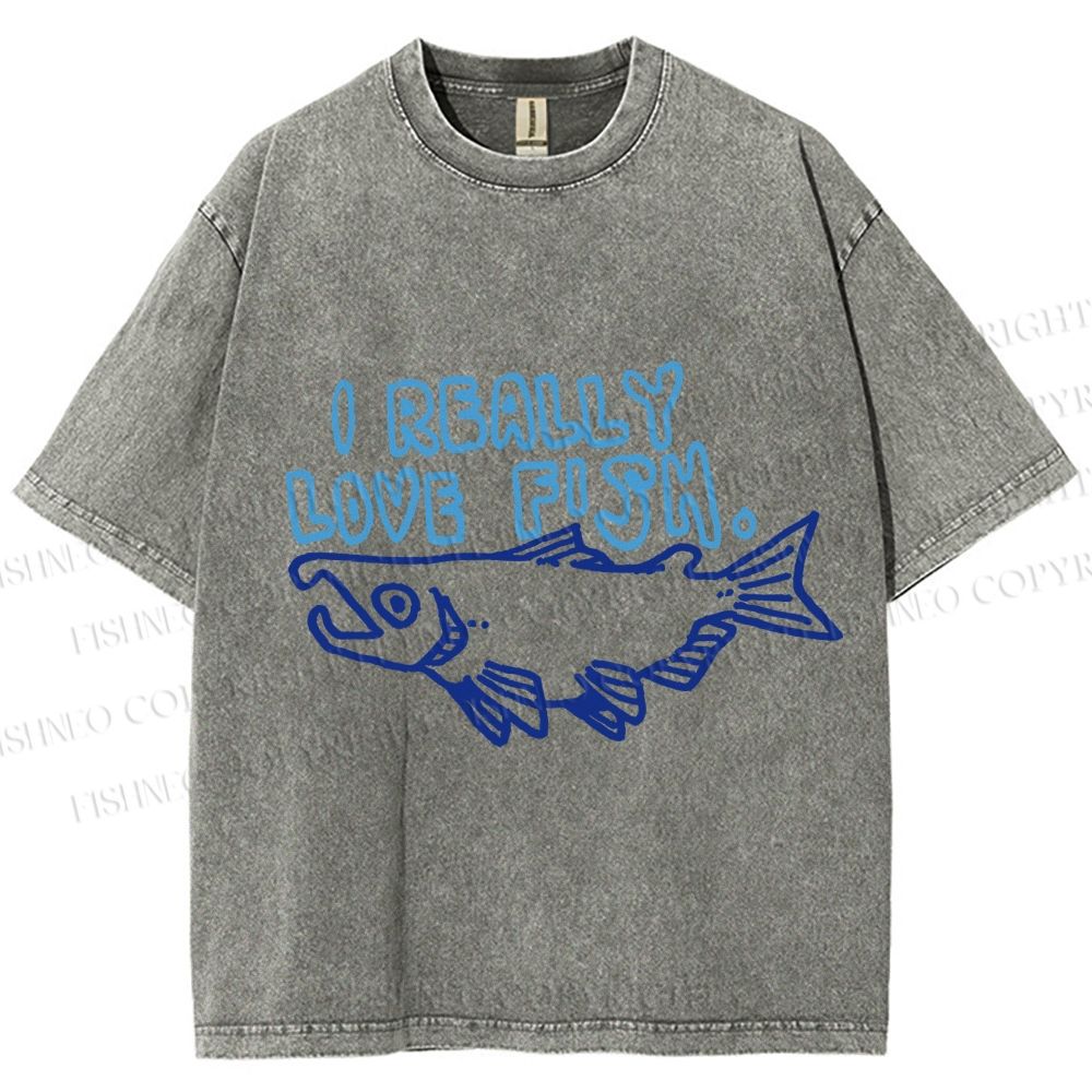 Unisex Vintage I Really Love Fish Sardine Printed Washed Tee