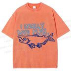 Unisex Vintage I Really Love Fish Sardine Printed Washed Tee