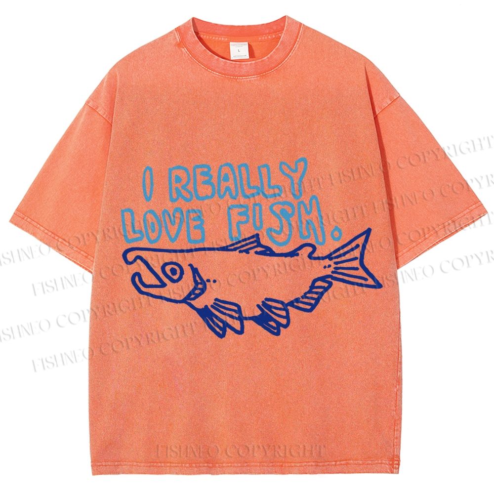Unisex Vintage I Really Love Fish Sardine Printed Washed Tee
