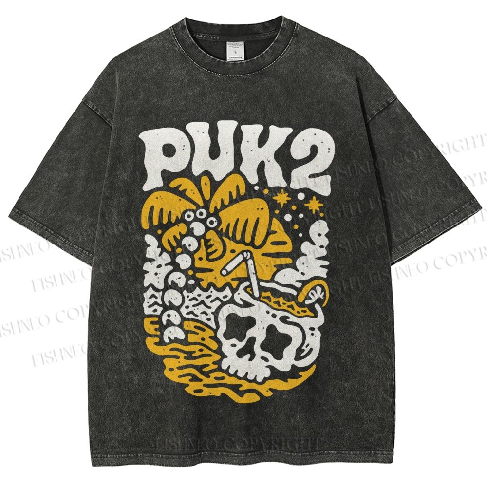 Unisex Vintage Skull On The Beach Printed Washed Tee