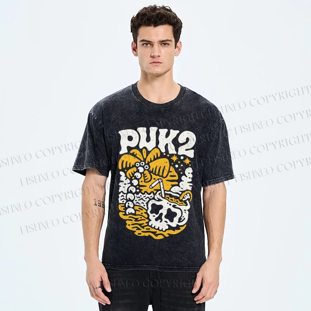 Unisex Vintage Skull On The Beach Printed Washed Tee