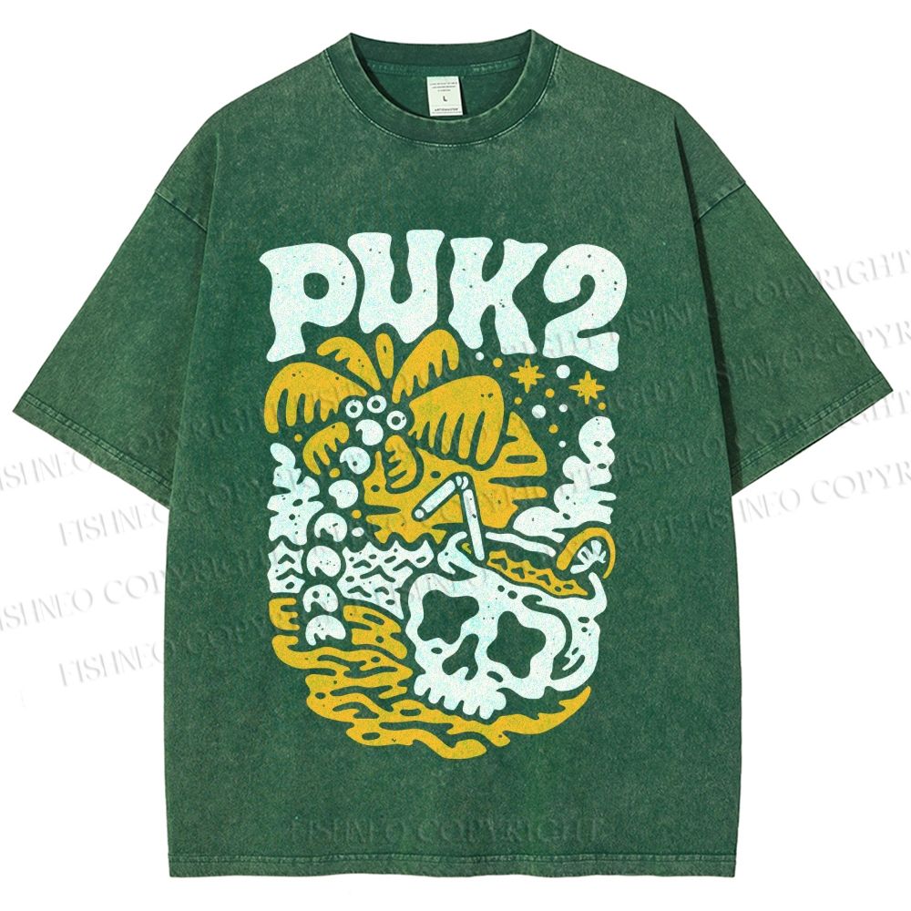 Unisex Vintage Skull On The Beach Printed Washed Tee