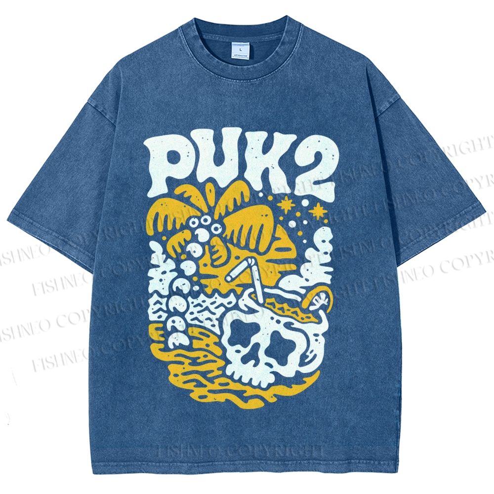 Unisex Vintage Skull On The Beach Printed Washed Tee