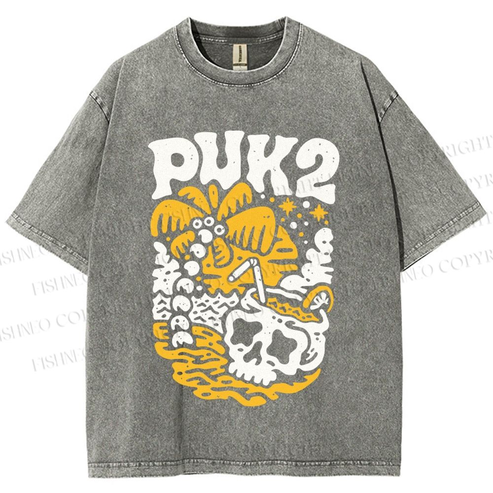 Unisex Vintage Skull On The Beach Printed Washed Tee