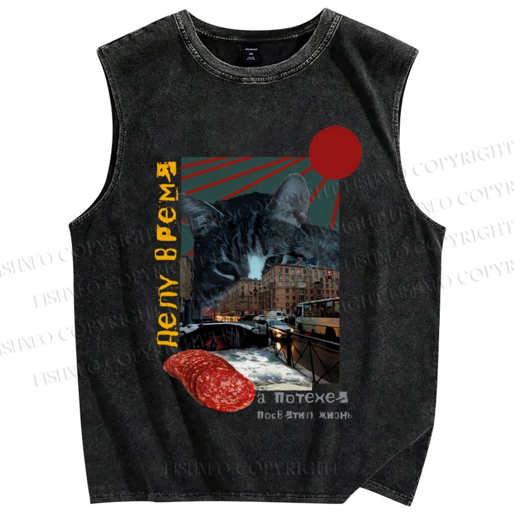 Unisex Vintage Cat Collage Printed Washed Tank Top