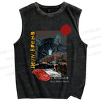 Unisex Vintage Cat Collage Printed Washed Tank Top