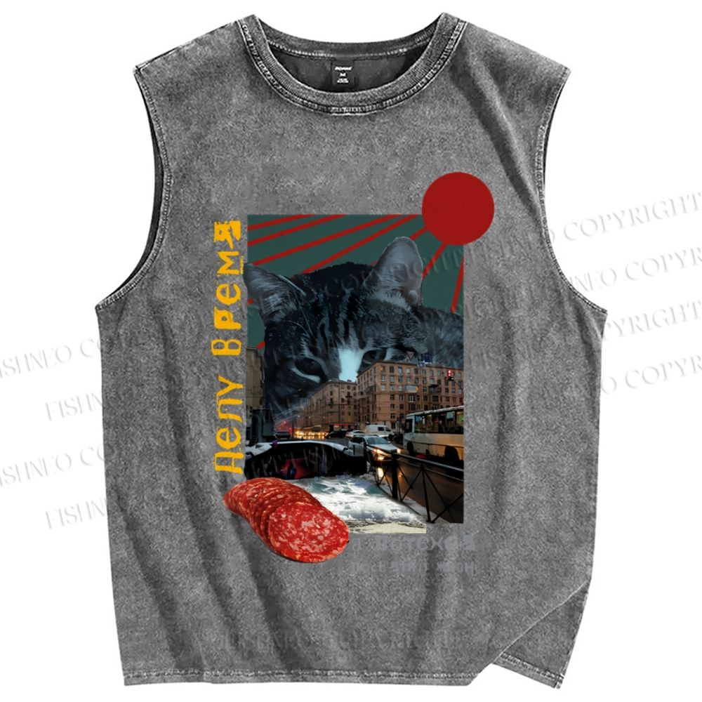Unisex Vintage Cat Collage Printed Washed Tank Top