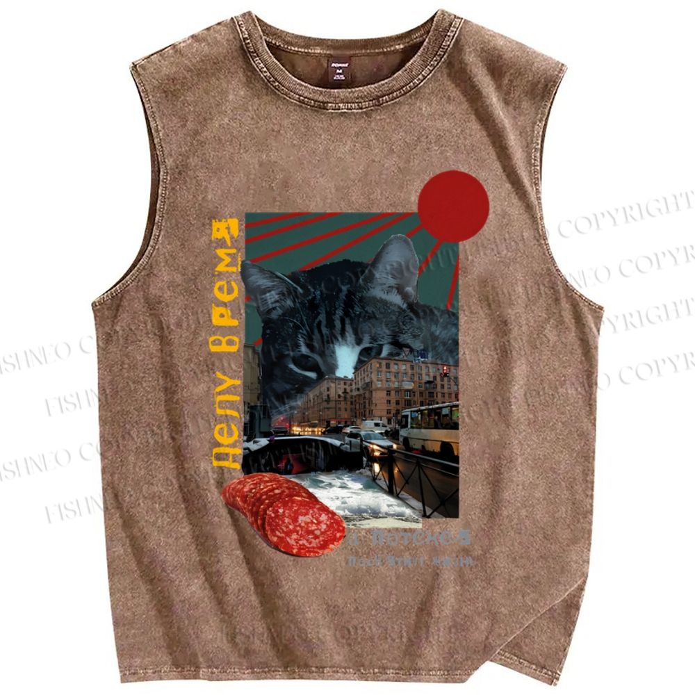 Unisex Vintage Cat Collage Printed Washed Tank Top