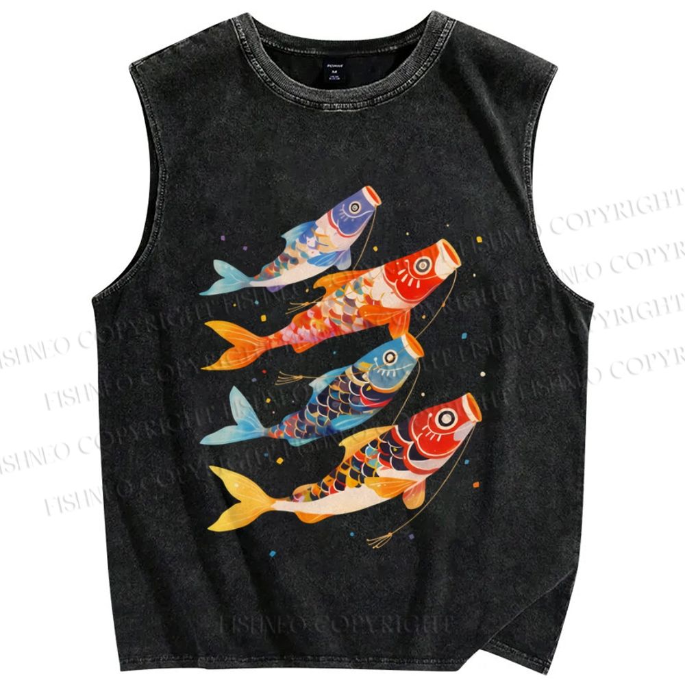 Unisex Koi Fish Flag Printed Washed Tank Top
