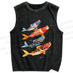 Unisex Koi Fish Flag Printed Washed Tank Top