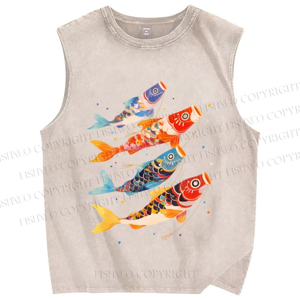 Unisex Koi Fish Flag Printed Washed Tank Top