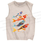 Unisex Koi Fish Flag Printed Washed Tank Top
