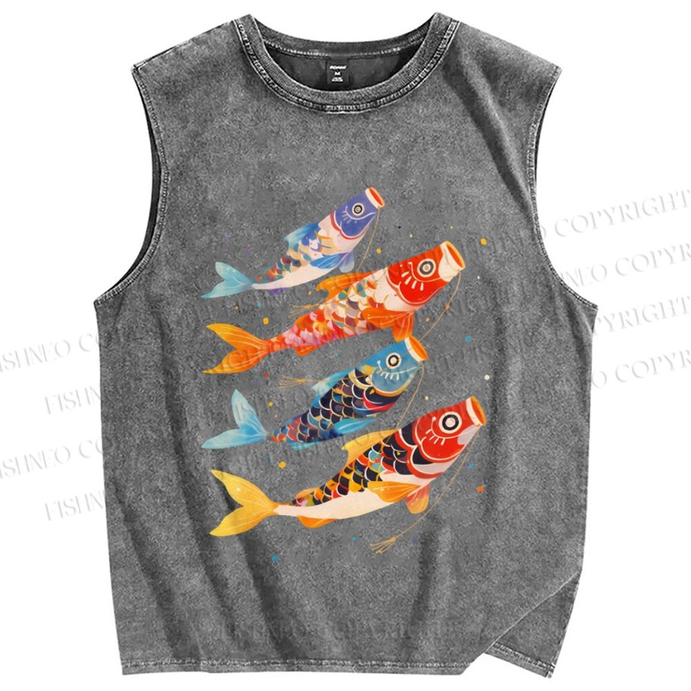 Unisex Koi Fish Flag Printed Washed Tank Top
