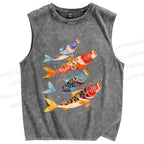 Unisex Koi Fish Flag Printed Washed Tank Top