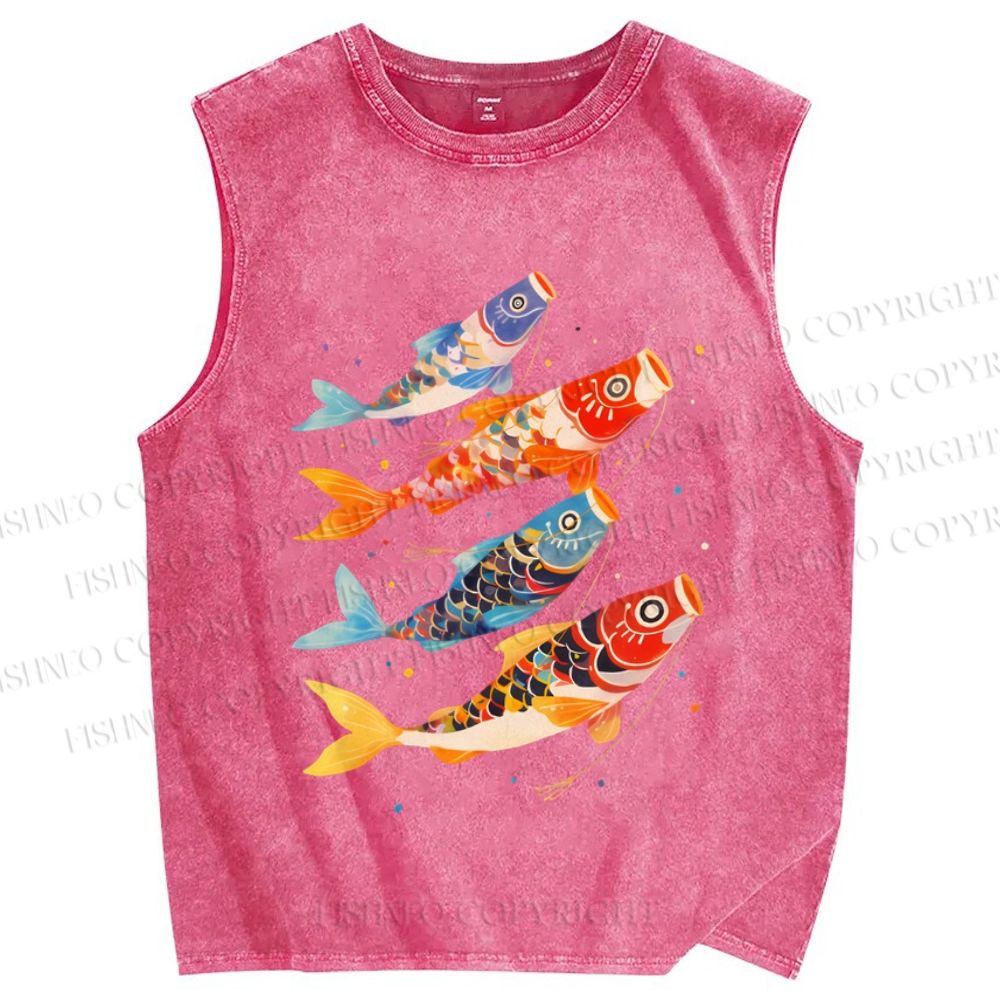 Unisex Koi Fish Flag Printed Washed Tank Top