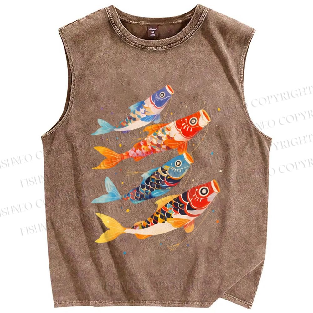Unisex Koi Fish Flag Printed Washed Tank Top