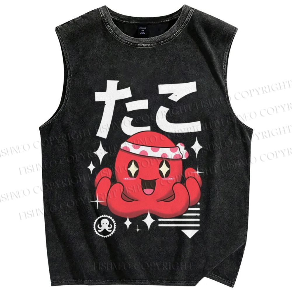 Unisex Japanese Octopus Printed Washed Tank Top