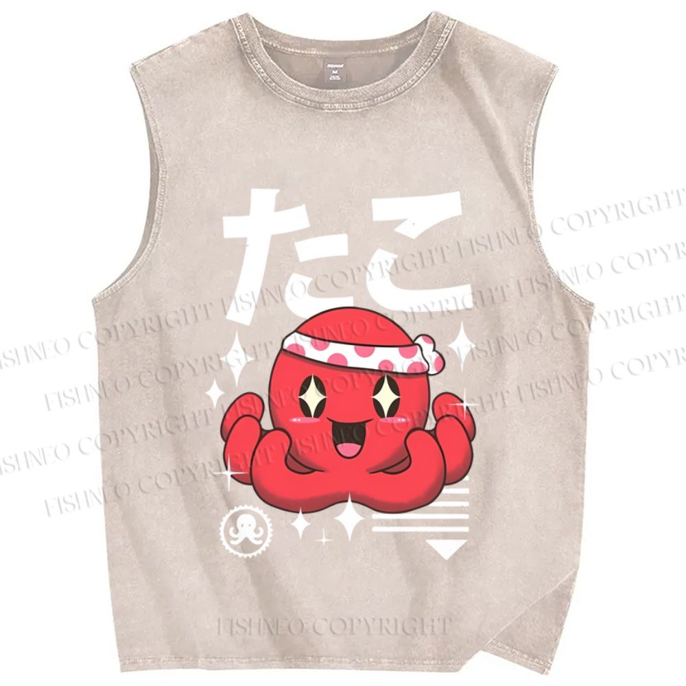 Unisex Japanese Octopus Printed Washed Tank Top
