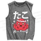 Unisex Japanese Octopus Printed Washed Tank Top