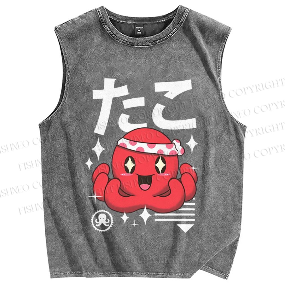 Unisex Japanese Octopus Printed Washed Tank Top