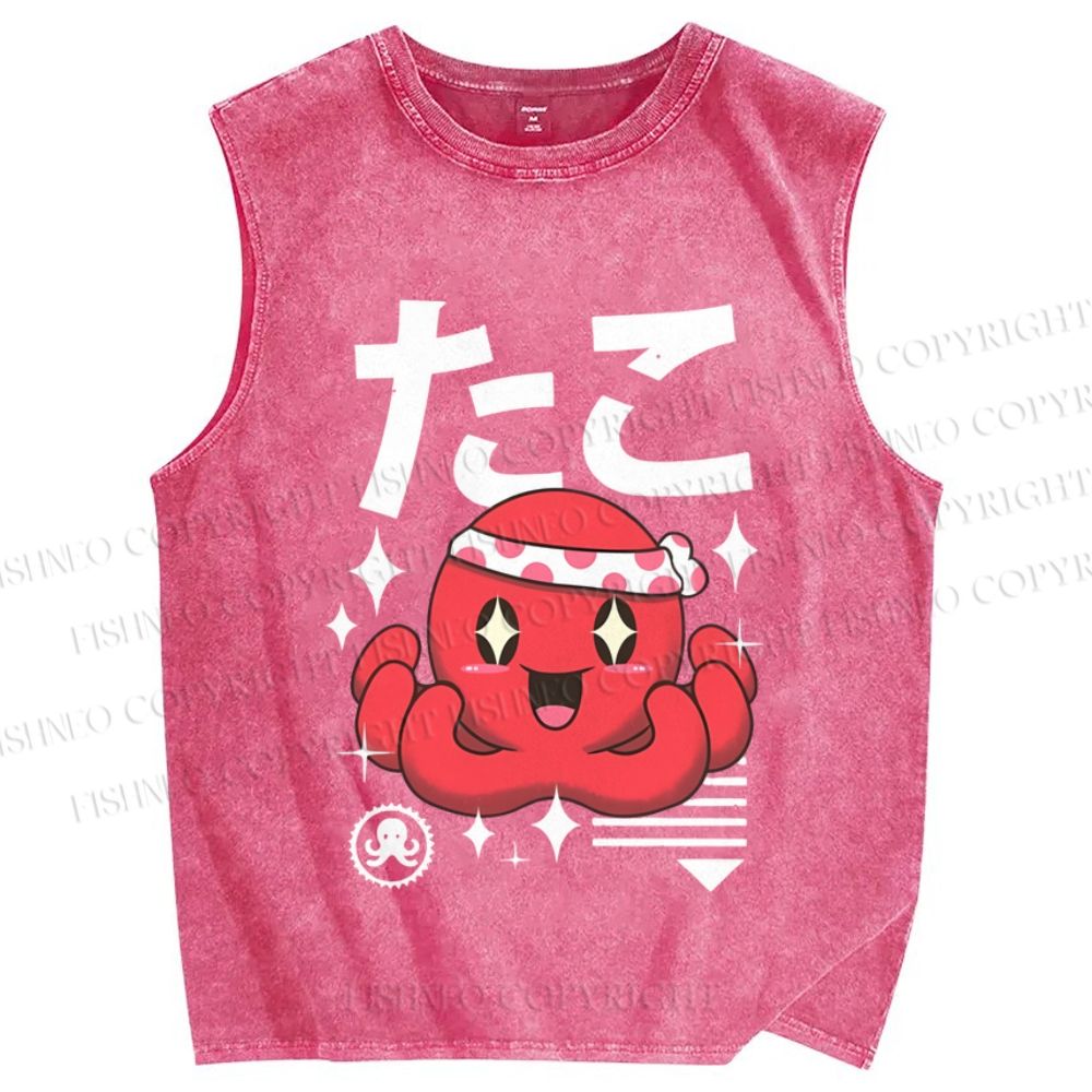 Unisex Japanese Octopus Printed Washed Tank Top