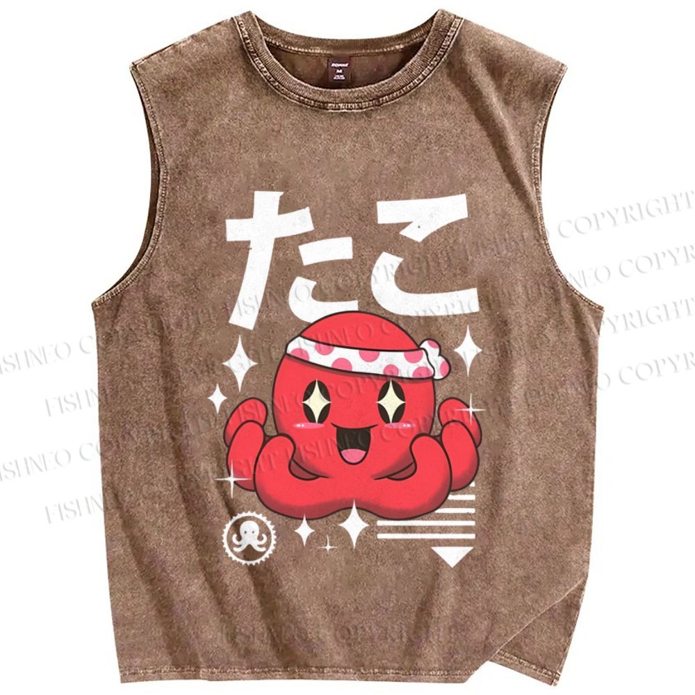 Unisex Japanese Octopus Printed Washed Tank Top