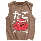 Unisex Japanese Octopus Printed Washed Tank Top