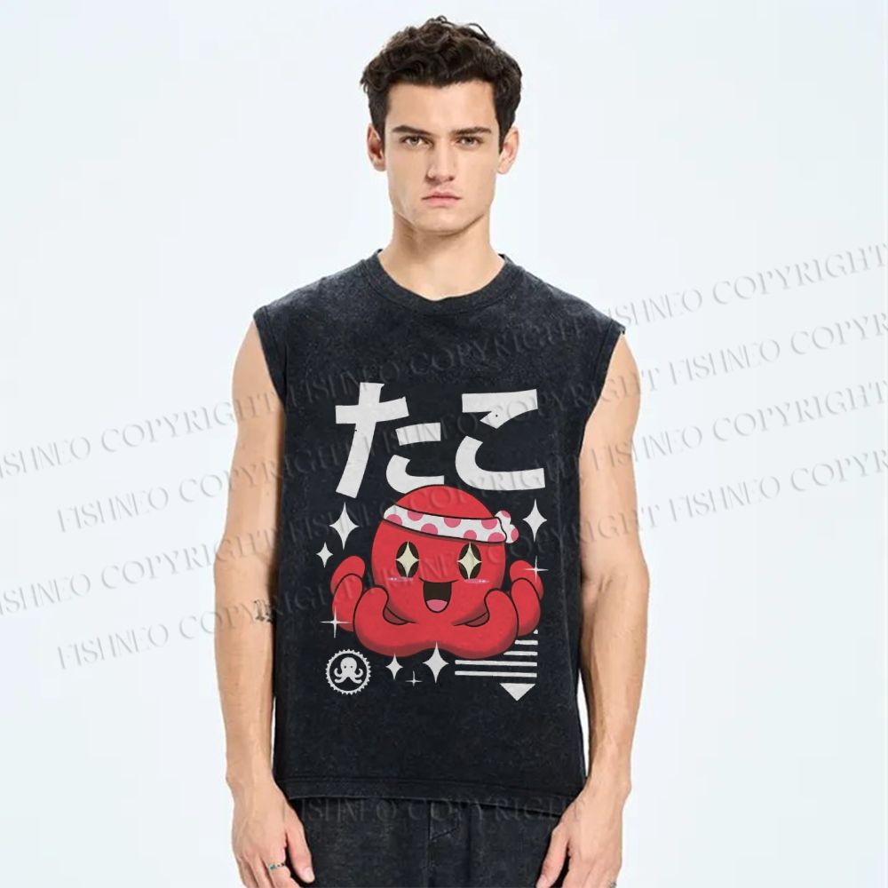 Unisex Japanese Octopus Printed Washed Tank Top