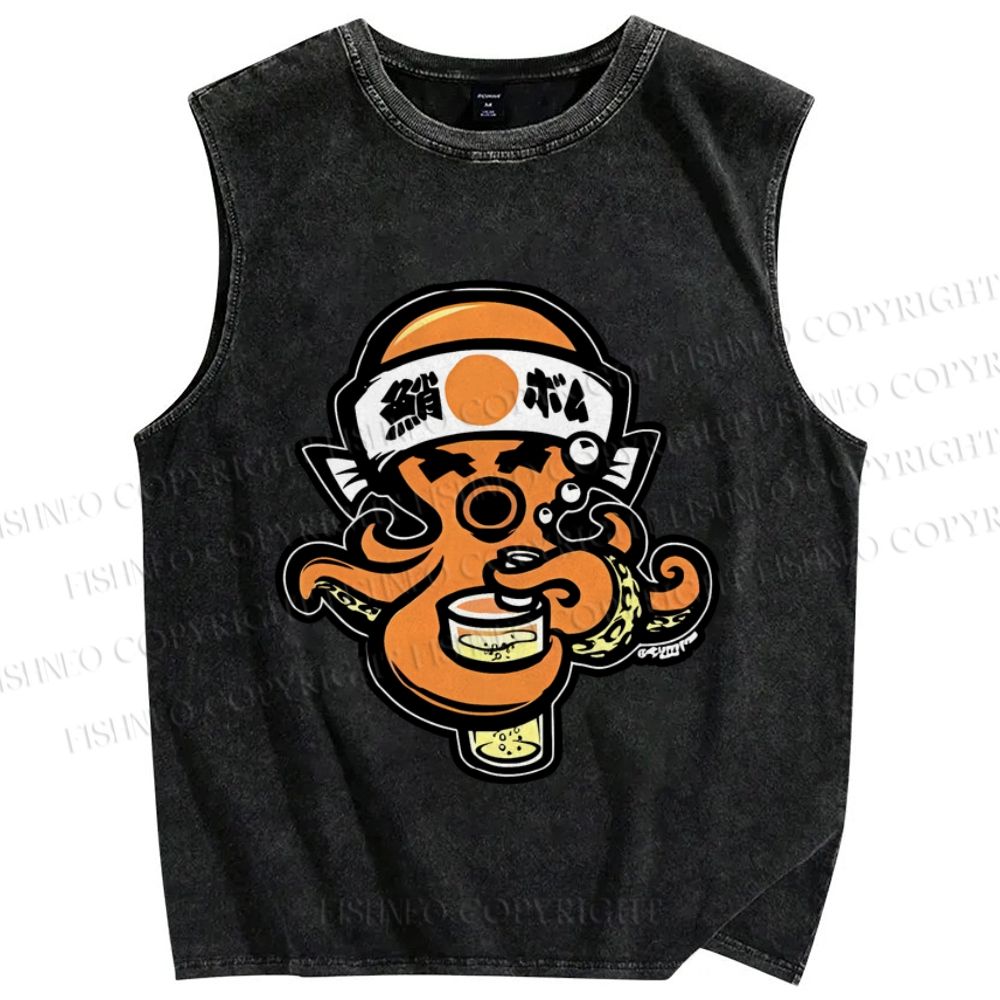 Unisex Vintage Japanese Octopus Printed Washed Tank Top
