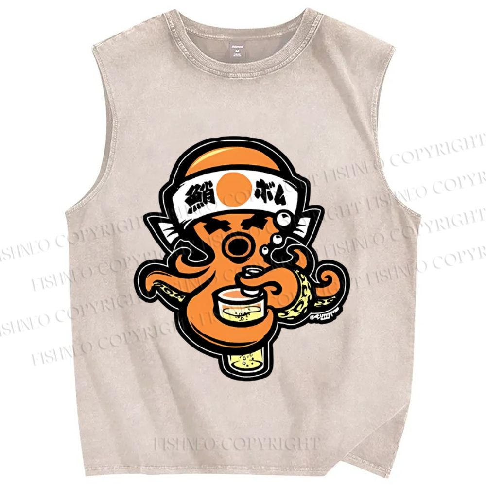 Unisex Vintage Japanese Octopus Printed Washed Tank Top