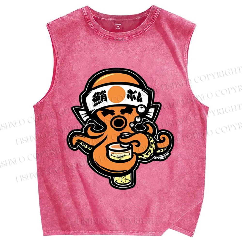 Unisex Vintage Japanese Octopus Printed Washed Tank Top