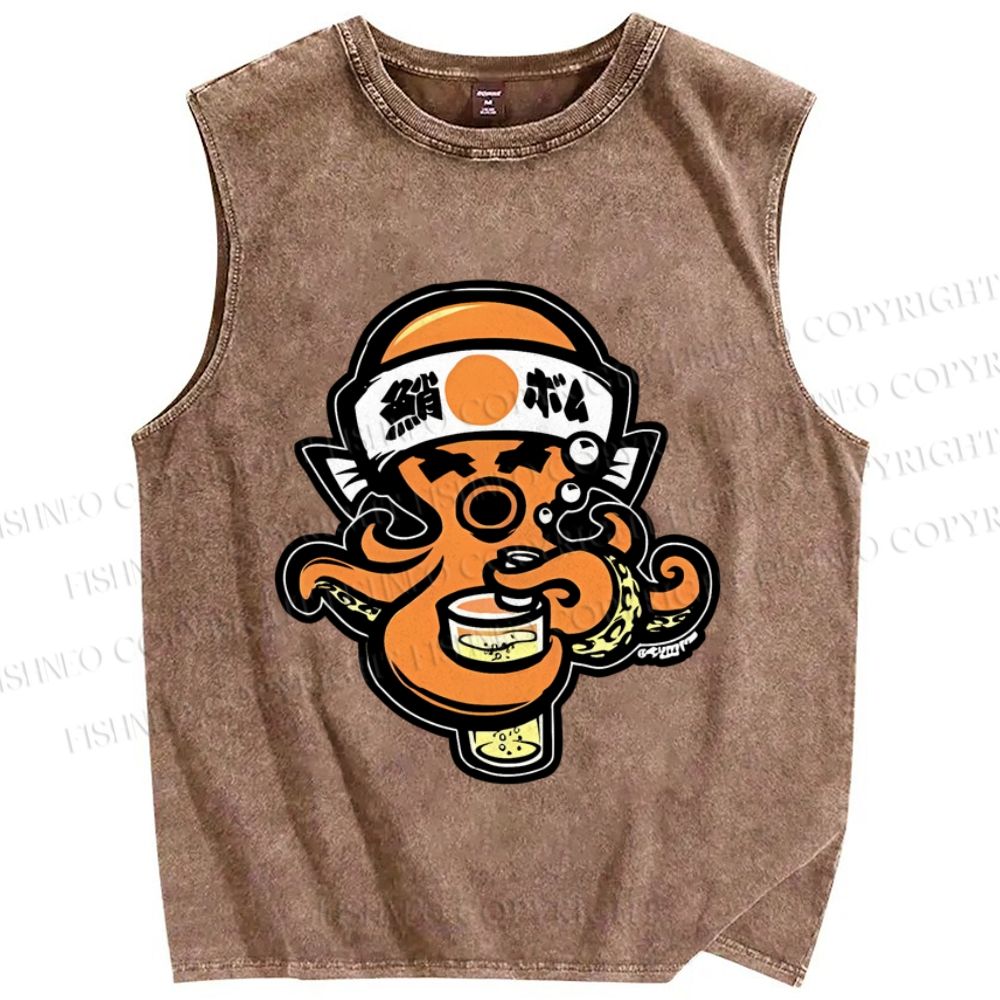 Unisex Vintage Japanese Octopus Printed Washed Tank Top