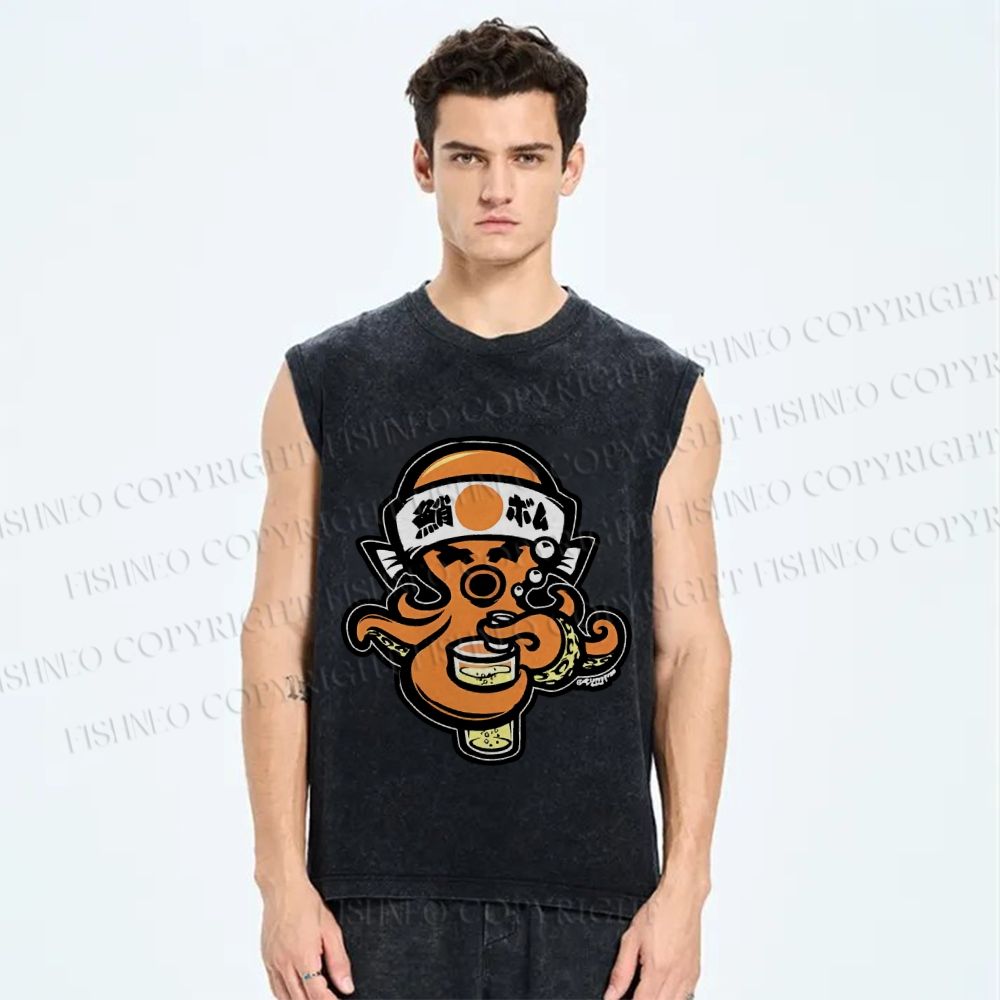 Unisex Vintage Japanese Octopus Printed Washed Tank Top