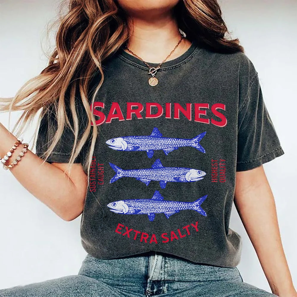 Unisex Sardines Printed Washed Tee