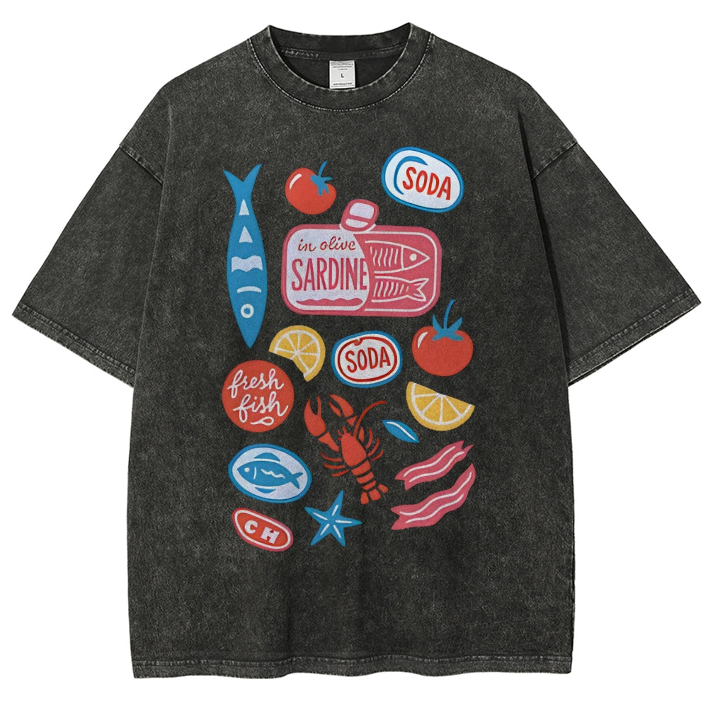 Unisex Sardines Printed Washed Tee