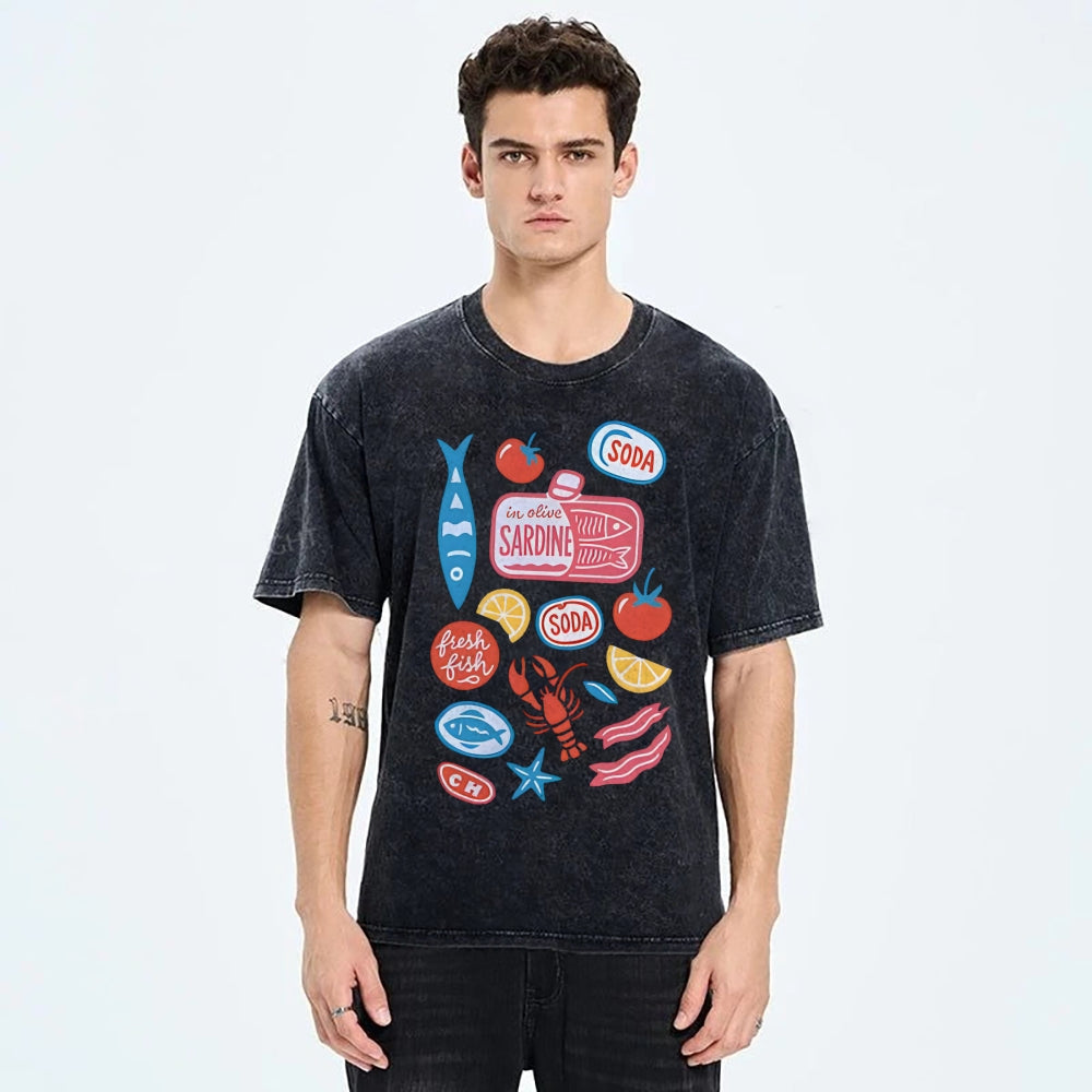 Unisex Sardines Printed Washed Tee