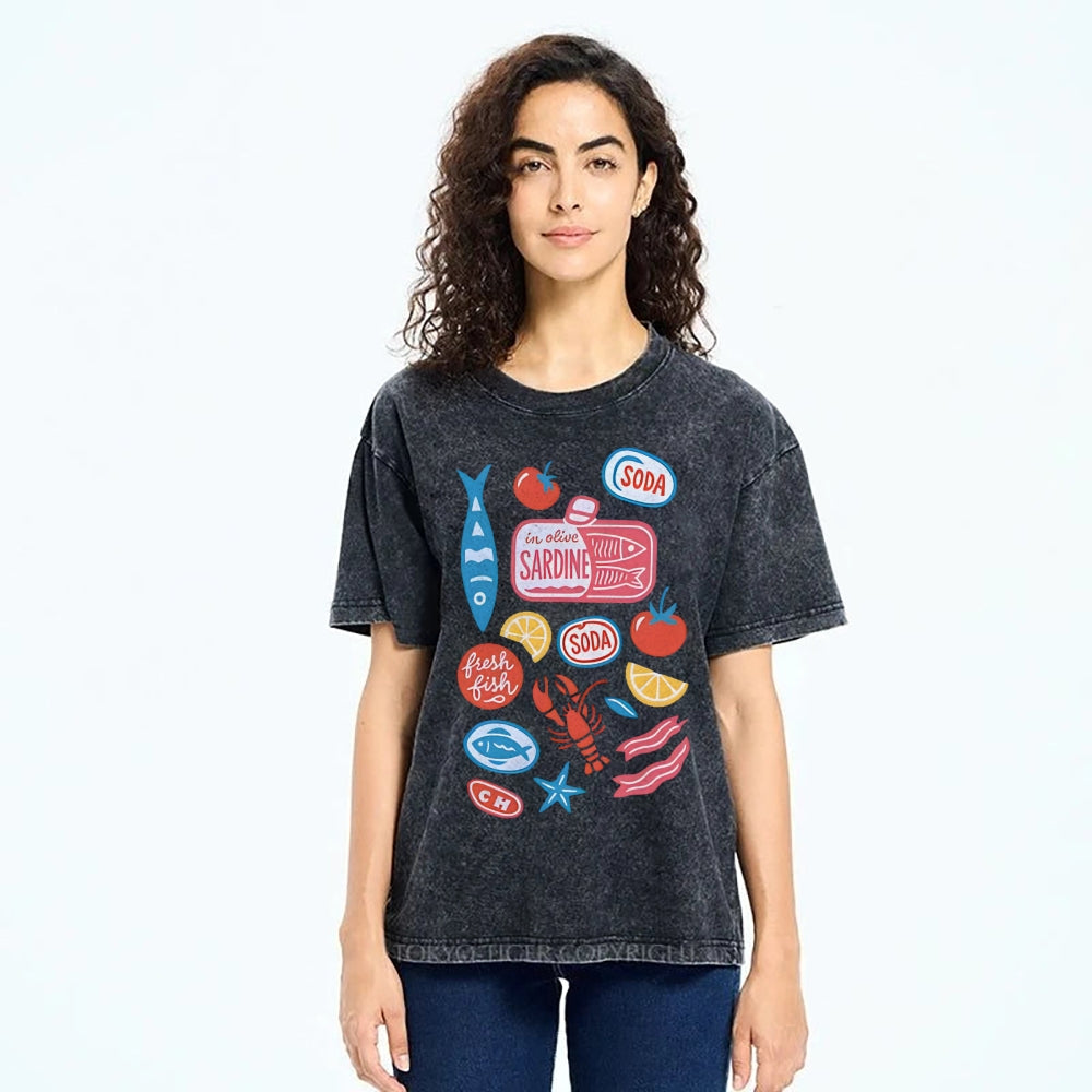 Unisex Sardines Printed Washed Tee
