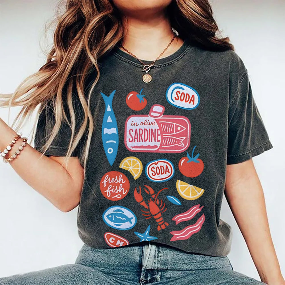 Unisex Sardines Printed Washed Tee