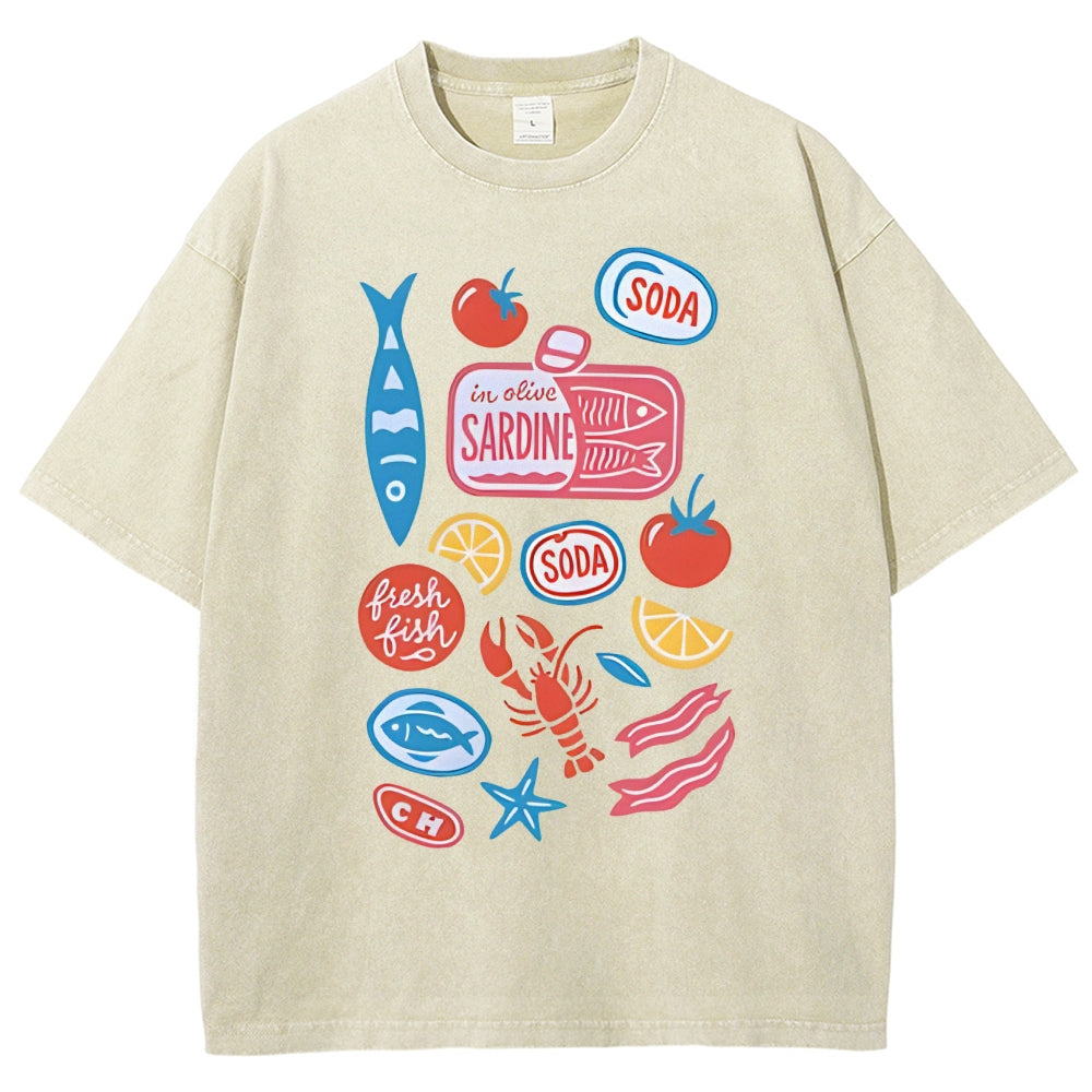 Unisex Sardines Printed Washed Tee