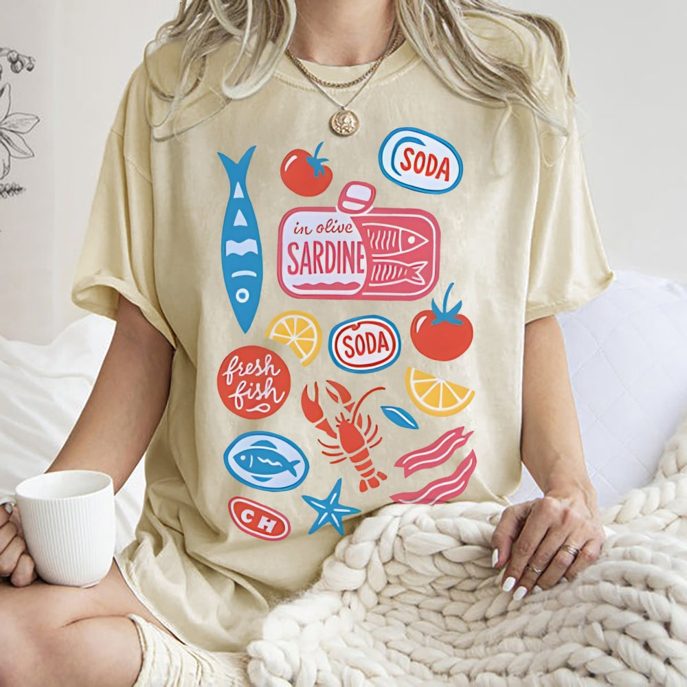 Unisex Sardines Printed Washed Tee