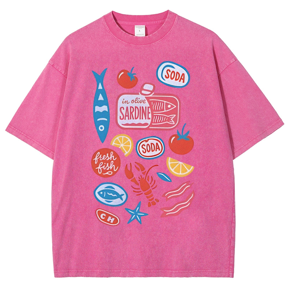 Unisex Sardines Printed Washed Tee