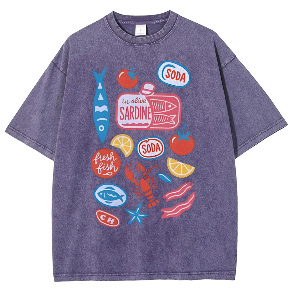 Unisex Sardines Printed Washed Tee