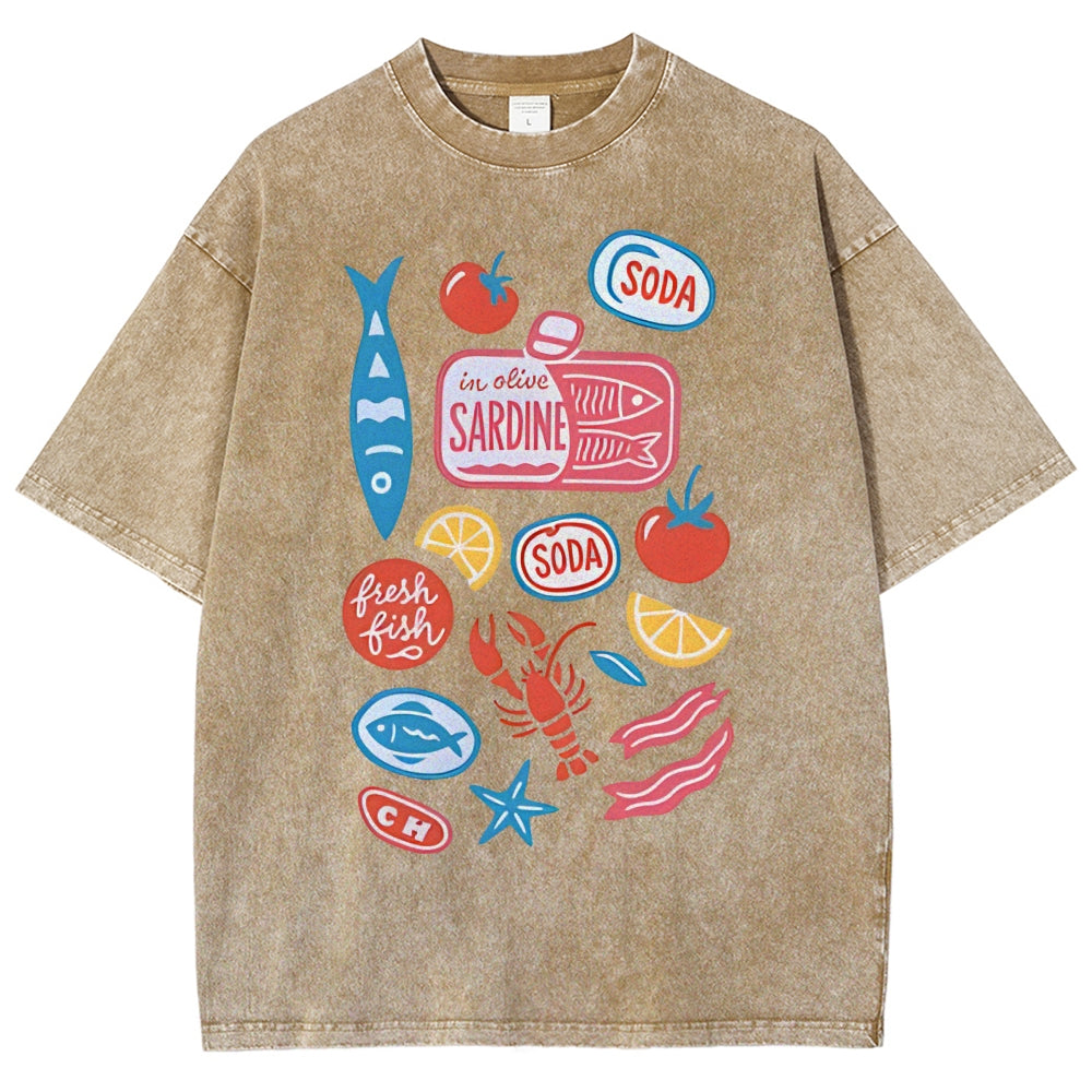 Unisex Sardines Printed Washed Tee