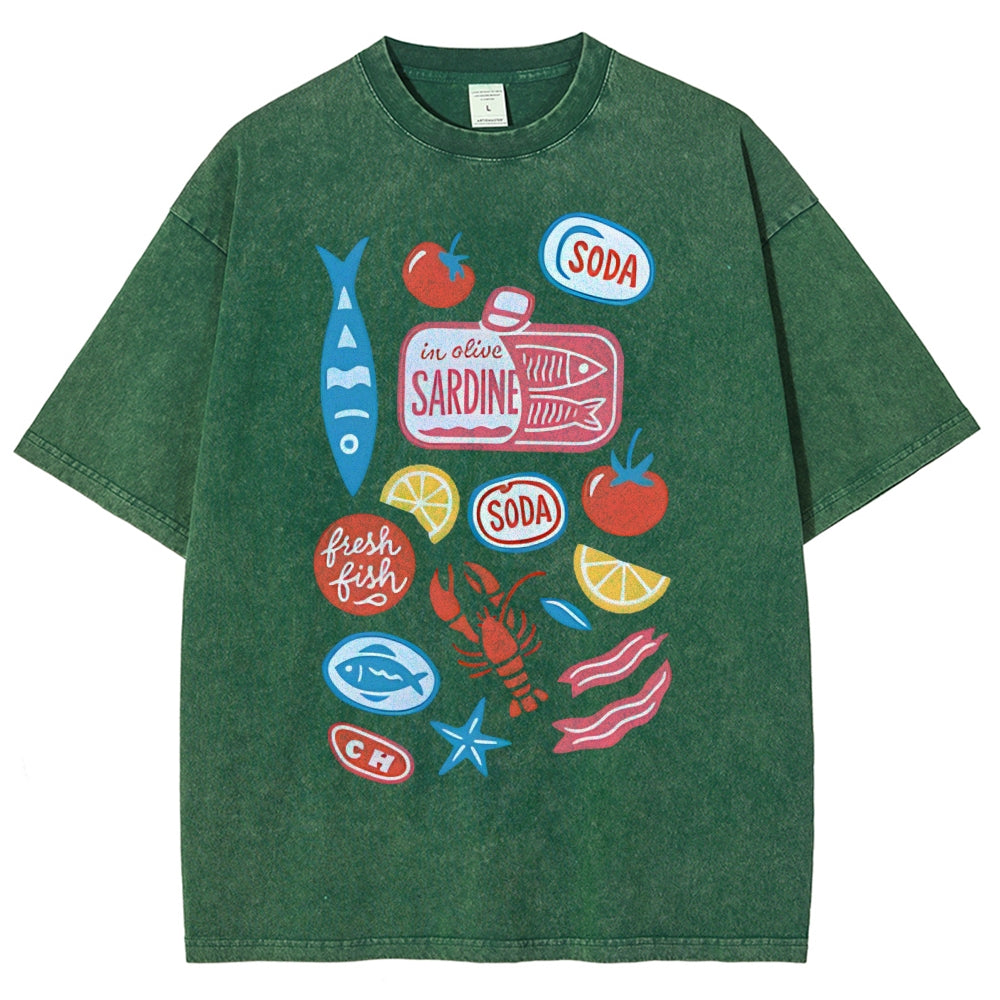 Unisex Sardines Printed Washed Tee