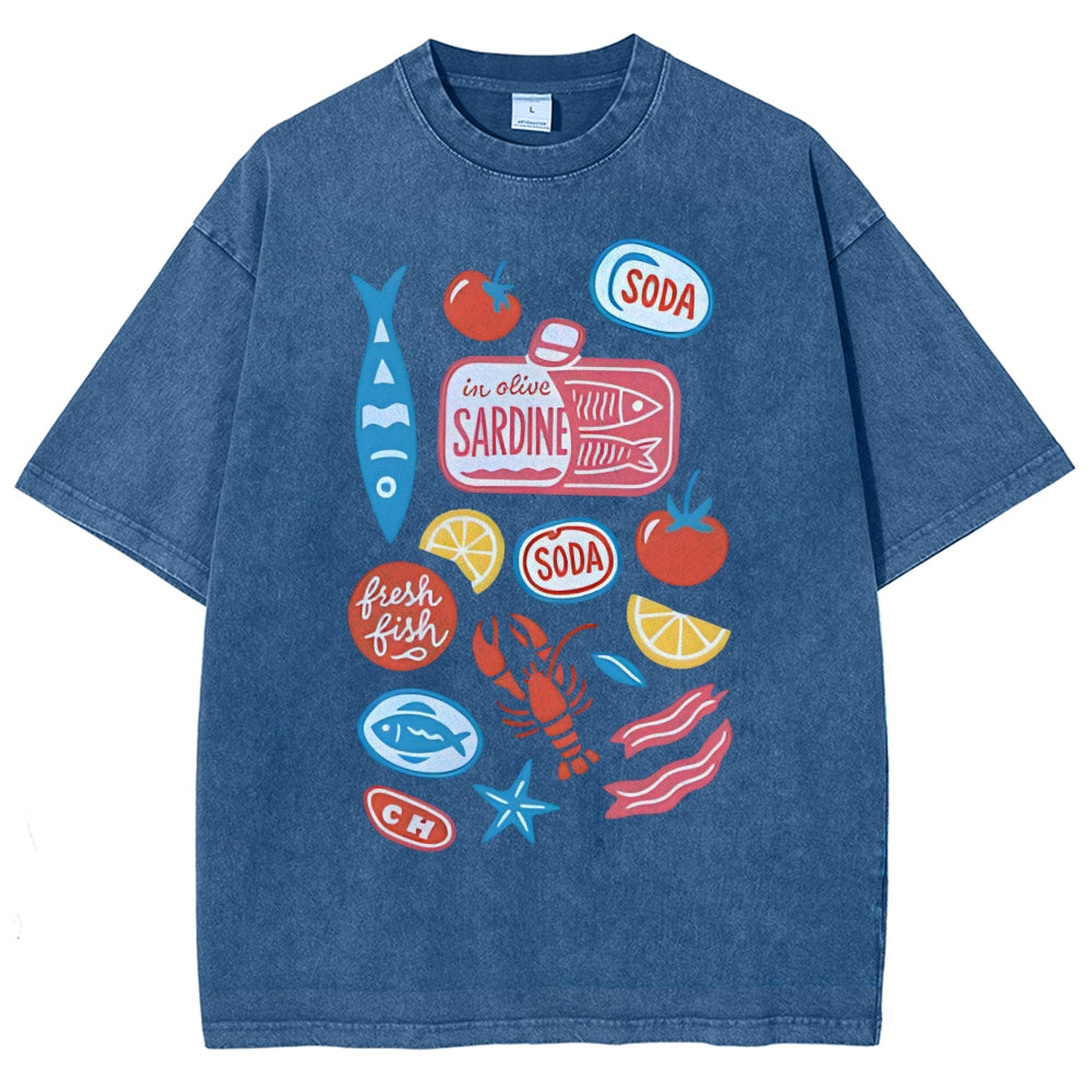 Unisex Sardines Printed Washed Tee