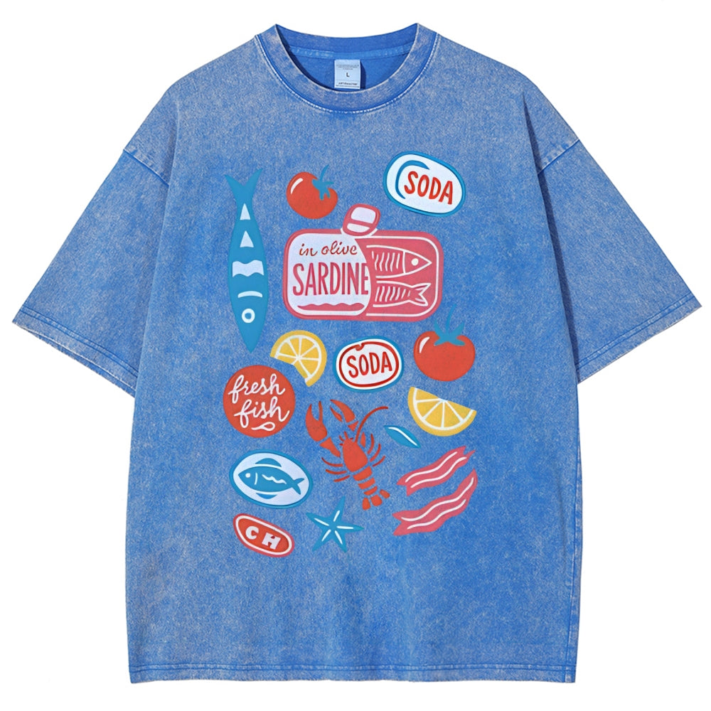 Unisex Sardines Printed Washed Tee
