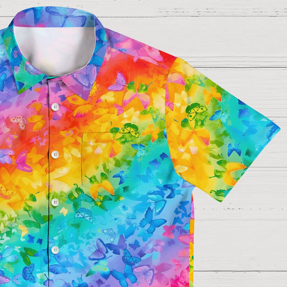 Men's Shirt Collar Resort Rainbow Butterfly Printed Short Sleeve Shirt