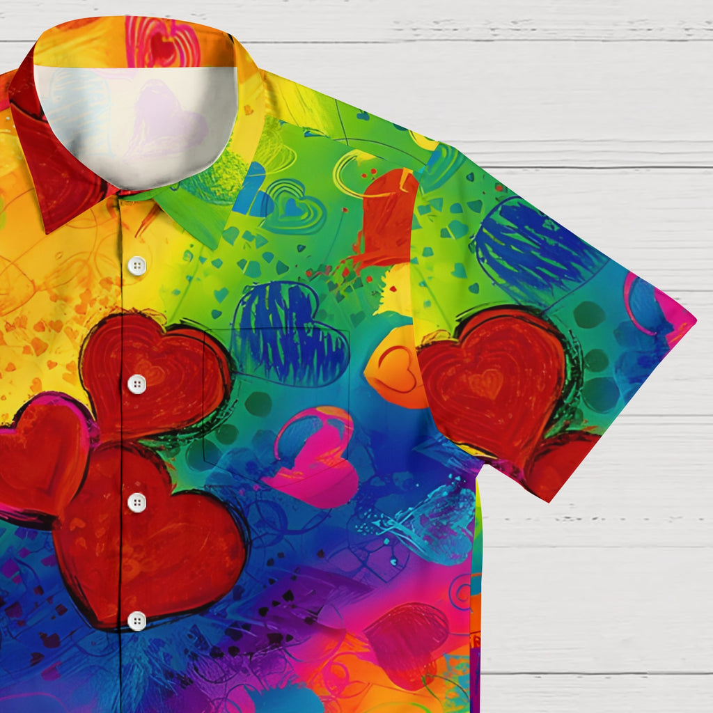 Men's Shirt Collar Resort Rainbow Heart Printed  Short Sleeve Shirt