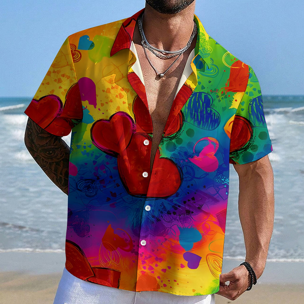 Men's Shirt Collar Resort Rainbow Heart Printed  Short Sleeve Shirt